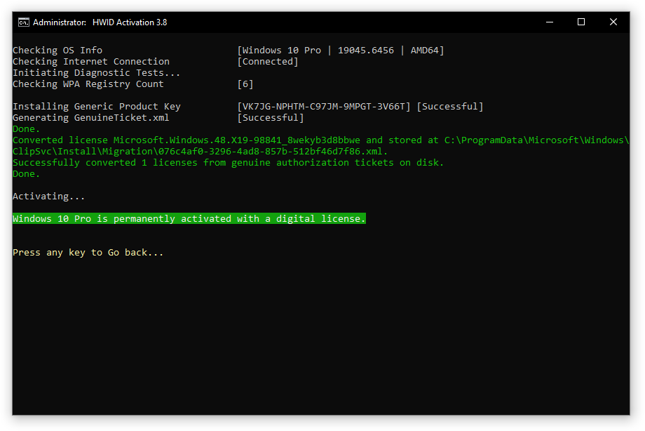 MAS HWID activation menu screenshot